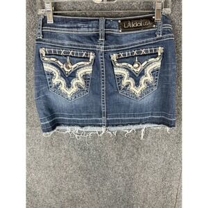 LA Idol USA Denim Mini Skirt Dark Wash Rhinestone Contrast Stitch Size M‎